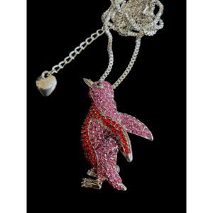 Betsey Johnson Penquin Necklace/Pin Brooch Red Purple Crystals Silver Chain-New
